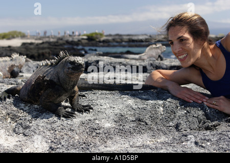 Nu71786. Marino, Iguana Amblyrhynchus cristatus, e la donna sulla lava. Isole Galapagos, Ecuador. Foto Copyright Brandon Cole Foto Stock
