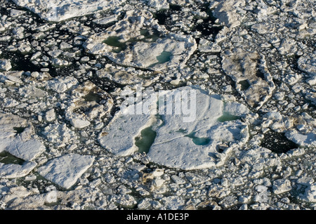 Aerea di ghiaccio multistrato durante la rottura primaverile al largo delle riserve di petrolio nazionali del Mar Chukchi della costa artica dell'Alaska Foto Stock