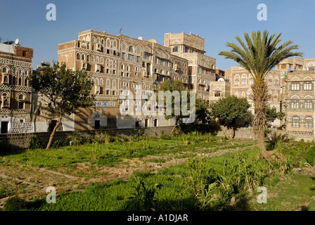 Decorate casa nella città vecchia di Sanaa, Sana'a, Yemen Foto Stock