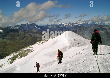 Linea di scalatori pendenza discendente del Gran Paradiso sulla ripida montagna ghiacciaio, Italia Alpi, estate 2006 Foto Stock