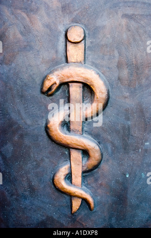 Emblema bronzeo del Bass Relief della divisione di medicina dell'esercito polacco con il simbolo Rod of Asclepio su sfondo metallico testurizzato. Foto Stock
