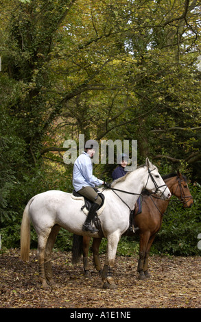 Giovani piloti cavalcare nella foresta di Wychwood Oxfordshire, Regno Unito Foto Stock