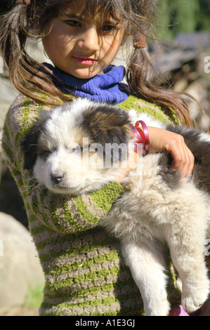 Un giovane nativo indiano ragazza bambino gioca con soffice bianco simpatico cane cucciolo, Kalga village, India Foto Stock