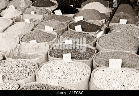 AFRICA MAROCCO Tangeri fagioli secchi piselli e grani per la vendita nel mercato berbero in Tangeri foto in bianco e nero Foto Stock