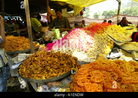 Cumuli di cibo in bancarelle in fiera Dussehra con enorme varietà di ricca cucina indiana pasti, Kullu, India Foto Stock