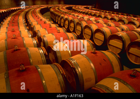 Righe di botti di legno di rovere francese per i vini da invecchiamento di Opus One Winery Napa Valley California Foto Stock