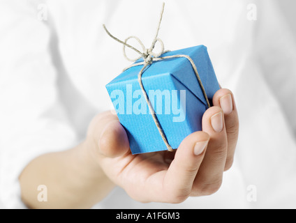 Mano che tiene fuori piccolo pacchetto Foto Stock