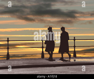 Due vecchie signore camminando lungo la strada con le ringhiere contro il forte ritardo del cielo della sera Foto Stock