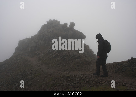 Uomo che cammina per misty Rocky Mountain summit in basso il cloud Foto Stock