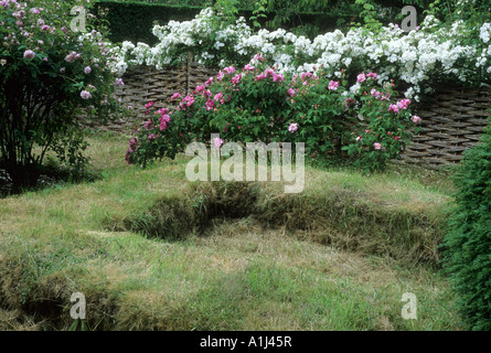 Stile medievale e turf sede bancaria recinzione di bargiglio Mannington Hall Norfolk Foto Stock