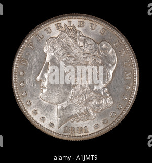 1881 morgan silver dollar US Stati Uniti d'America America American Stati Uniti 100 centesimi di un centinaio di testa decimale a sinistra Foto Stock