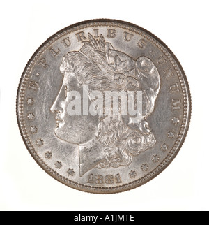 1881 morgan silver dollar US Stati Uniti d'America America American Stati Uniti 100 centesimi di un centinaio di testa decimale a sinistra Foto Stock