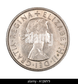 Queen Elizabeth II 2 pre 2 decimali due scellino 6 sei vecchio pence mezza corona luminosa d'argento 1967 Regina gratia testa da destra Foto Stock