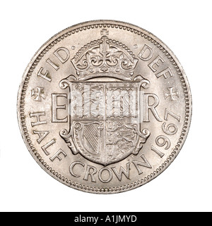 Queen Elizabeth II 2 pre 2 decimali due scellino 6 sei vecchio pence mezza corona luminosa d'argento 1967 rivestire bracci ER FID DEF Foto Stock