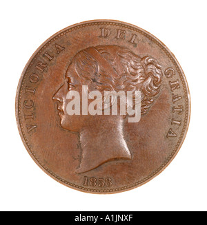 Un penny Victoria Regina Vittoriano imperatrice empire vedova royal bronzo bun giovani 1858 britanniar dei gratia fid def reg 240 Foto Stock