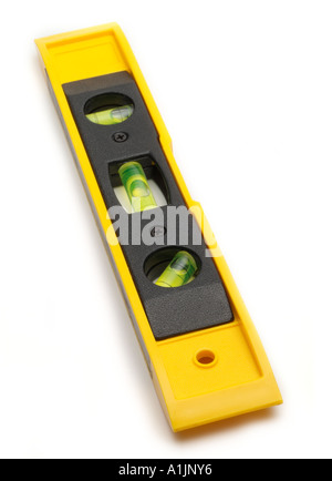 Bolla di livello giallo in plastica nera orizzontale verticale 45 misura in gradi attrezzo di bolla di vetro verde magnetico dello strumento Foto Stock