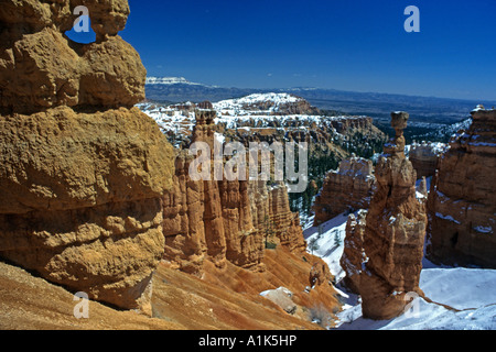 Polveri di neve il fascino di guglie di arenaria chiamato hoodoos nel Parco Nazionale di Bryce Canyon, Utah. Foto Stock