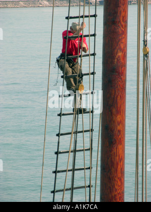 Lavoratori di sesso maschile e di sesso femminile fare maintence e riparazioni sul tall ship Highlander ancorato nel St Clair River Port Huron Michigan Foto Stock