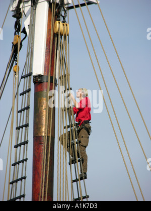 Lavoratori di sesso maschile e di sesso femminile fare maintence e riparazioni sul tall ship Highlander ancorato nel St Clair River Port Huron Michigan Foto Stock