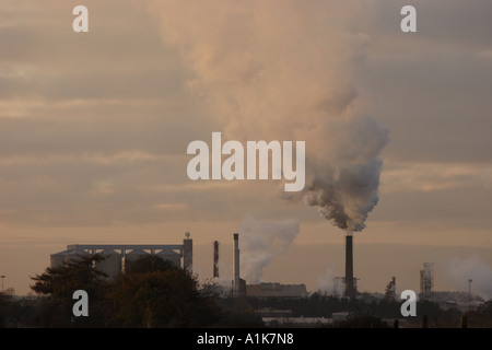 Eruttazione fumo da una trasformazione della barbabietola da zucchero del camino di fabbrica a Cantley vicino a Bury St Edmunds East Anglia. Foto Stock