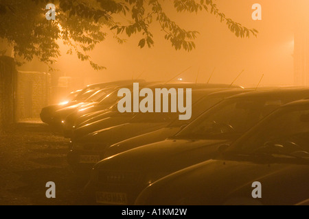 Fila di automobili parcheggiate sotto le luci di strada Foto Stock