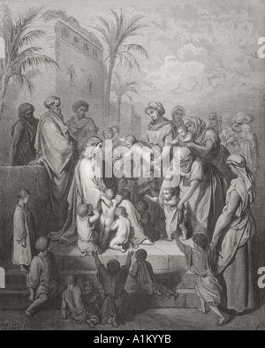 Incisione dall'Dore la Bibbia che illustra il segno x 13 a 16. Gesù la benedizione dei bambini da Gustave Dore Foto Stock