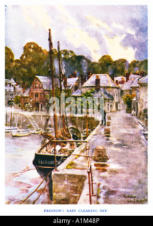 Padstow pioggia Clearing Off Edwardian acquarello del North Cornish porto di pesca dopo una doccia Foto Stock