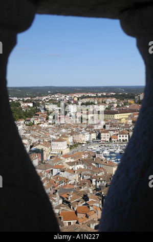 Rovigno, vista città, attraverso il buco della serratura Foto Stock