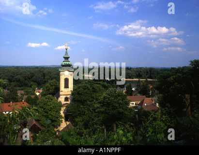 Szentendre Preobrazhensky chiesa e lungo il fiume Danubio con il vigneto in primo piano Ansa del Danubio Ungheria regione Foto Stock