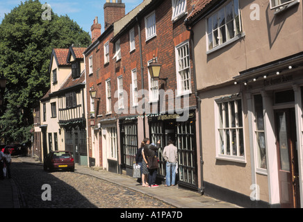 Navigazione persone negozio di antiquariato Vetro in Elm Hill Norwich Norfolk Inghilterra Foto Stock