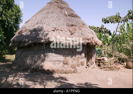 Una capanna in Etiopia rurale con disegni di animali sul lato Foto Stock