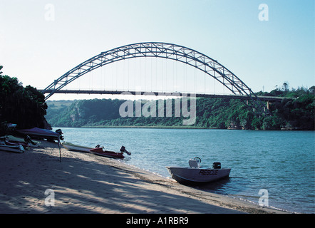 Ponte di ferro sul fiume Umtamvuna fra Natal e Transkei Wild Coast Africa del Sud Foto Stock