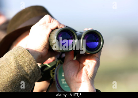 L'uomo a guardare le corse dei cavalli con il binocolo Foto Stock