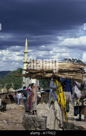 Donna che trasportano grandi bundle di legno sulla sua testa, scene di strada ,HARAR,l'Etiopia 1994 Foto Stock