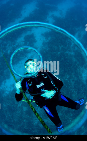 Un maschio di SCUBA DIVER soffia anelli di bolla UNDERWATER mentre è appesa su una linea di salita Foto Stock