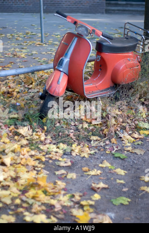 Vecchio rosso scooter Vespa parcheggiata sul fogliame giallo Foto Stock