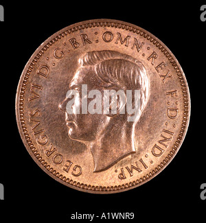 King George VI Reg fid def pre quarto decimale Penny Farthing vecchi pence P 1949 rame testa luminosa sinistra omn rex dei Foto Stock