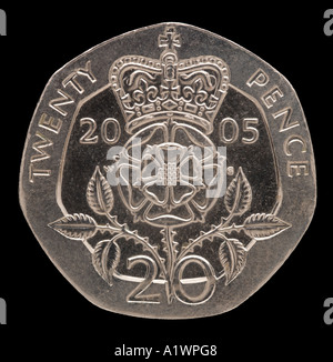 Queen Elizabeth 2 II Reg Regina 20 decimale venti nuovi pence P vecchia corona d'argento rosa luminoso Foto Stock