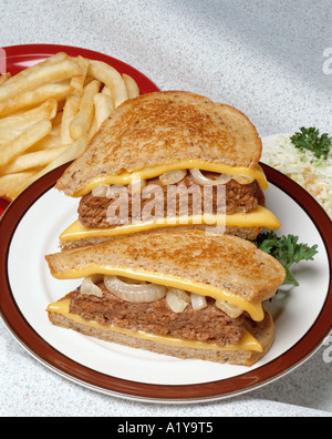 Hamburger di manzo patty formaggio cipolla tostare sandwich tostato francese Friggere le patatine fritte chips cole slaw imprenditore offerte Foto Stock