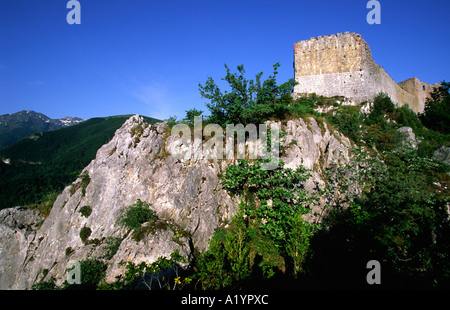 Chateau de Montsegur, Pirenei Ariège, Francia. Ultimo rifugio dei Catari agli inizi del XIII secolo. Foto Stock