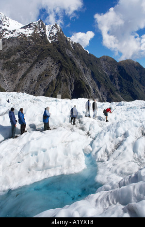 Heli escursionisti Ghiacciaio Franz Josef costa ovest di Isola del Sud della Nuova Zelanda Foto Stock