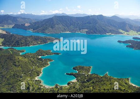 Te Mahia Bay Kenepuru Sound Marlborough Sounds Isola del Sud della Nuova Zelanda antenna Foto Stock