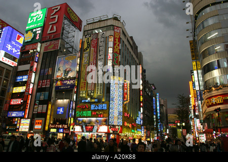 Pannelli pubblicitari e insegne al neon adornano edifici nella zona di Kabukicho del quartiere Shinjuku di Tokyo, Giappone Foto Stock