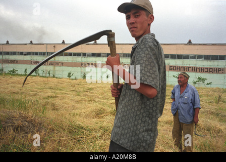 Nelle campagne della valle di Ferghana gli uomini lavorano la terra, Uzbekistan Foto Stock