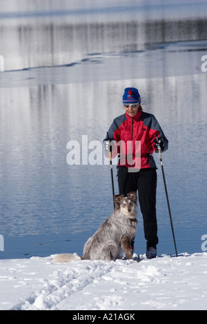 Una donna e cane sciare sulla riva del lago Donner in inverno vicino Truckee California Foto Stock