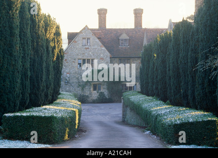 Tagliata di hedge e yew alti alberi su entrambi i lati dell'unità tradizionale casa di campagna in inverno Foto Stock