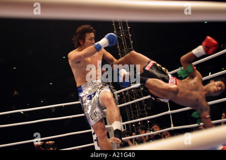 K-1 fighters nel calore di un kick boxing lotta, Tokyo, Giappone, Asia Foto Stock