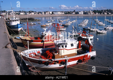 Attività di pesca i pescherecci con reti da traino e di imbarcazioni da diporto in Erquy Harbour sulla northern costa della Bretagna, Francia Foto Stock