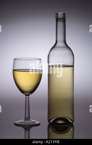 Una bottiglia e un bicchiere di vino bianco. Foto Stock