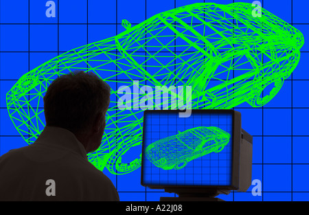 Lo studio di progettazione automobilistica telaio filo design sul monitor del computer Foto Stock